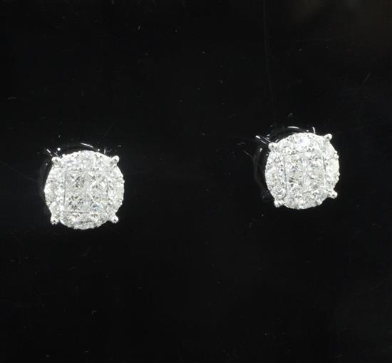 A pair of modern 18ct white gold and diamond cluster circular ear studs, 9mm.